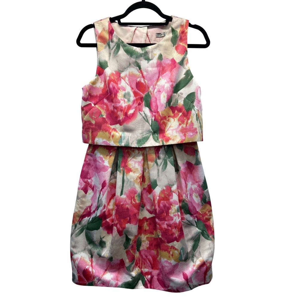 Eliza J Floral Dress Women 8 Pink Yellow Layered Bodice Sleeveless Fit & Flare